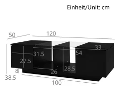 Mesa de centro moderna con 2 puertas y 2 compartimentos - 120 x 50 x 38,5 cm - LED - Cristal, MDF, tablero de partículas - Negro brillante
