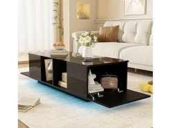 Mesa de centro moderna con 2 puertas y 2 compartimentos - 120 x 50 x 38,5 cm - LED - Cristal, MDF, tablero de partículas - Negro brillante