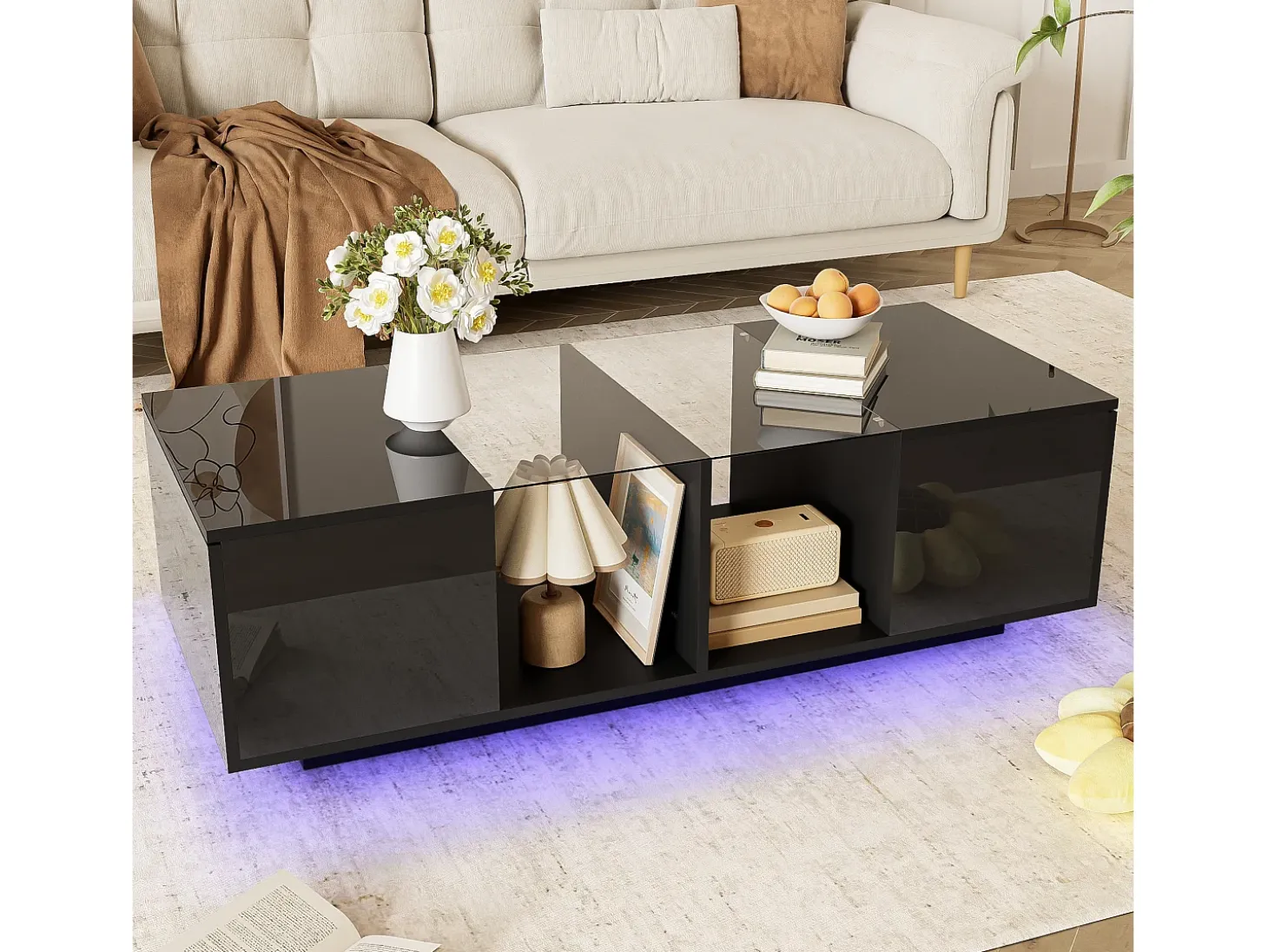 Mesa de centro moderna con 2 puertas y 2 compartimentos - 120 x 50 x 38,5 cm - LED - Cristal, MDF, tablero de partículas - Negro brillante