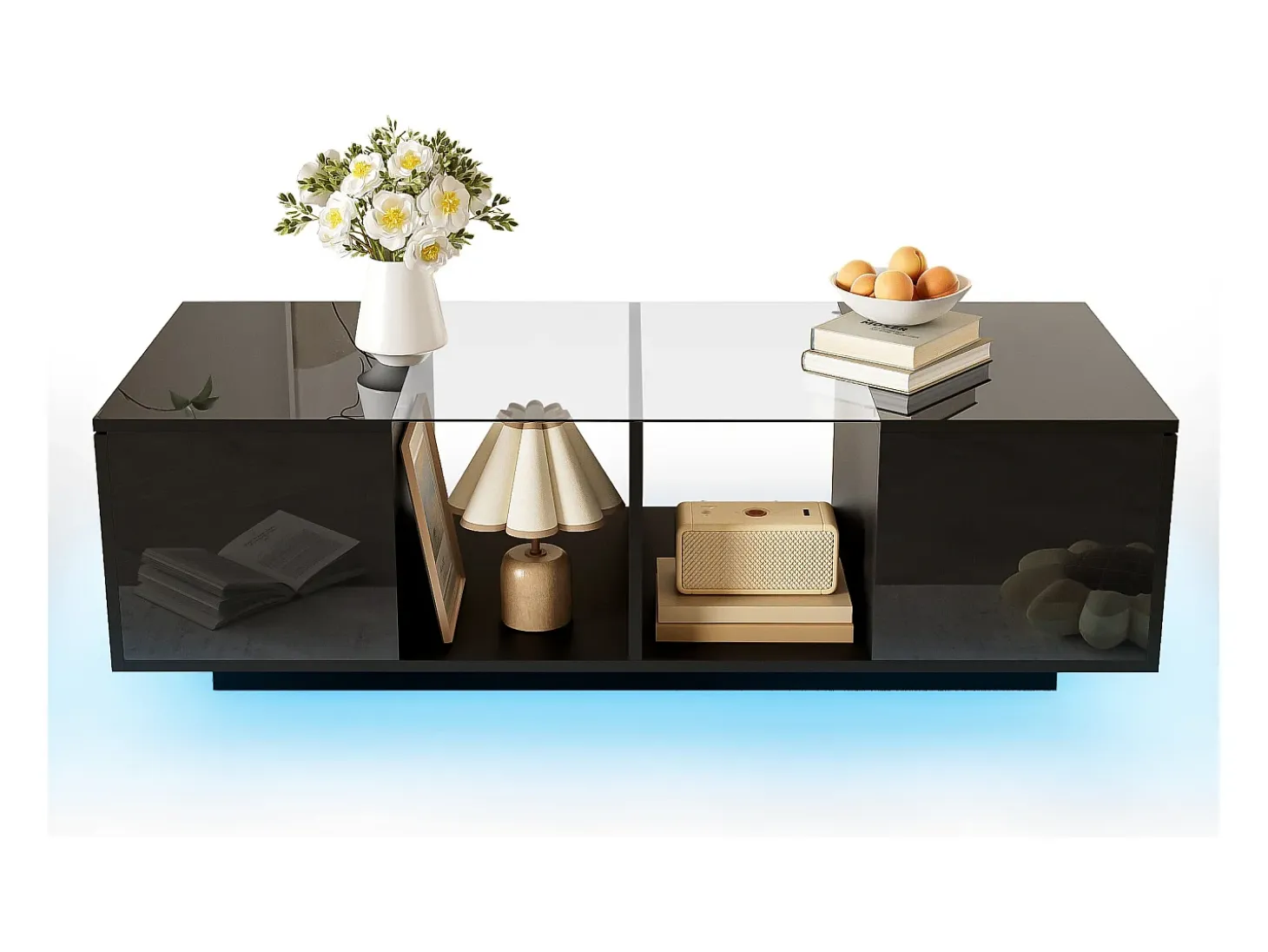 Mesa de centro moderna con 2 puertas y 2 compartimentos - 120 x 50 x 38,5 cm - LED - Cristal, MDF, tablero de partículas - Negro brillante