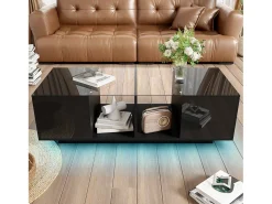 Mesa de centro moderna con 2 puertas y 2 compartimentos - 120 x 50 x 38,5 cm - LED - Cristal, MDF, tablero de partículas - Negro brillante