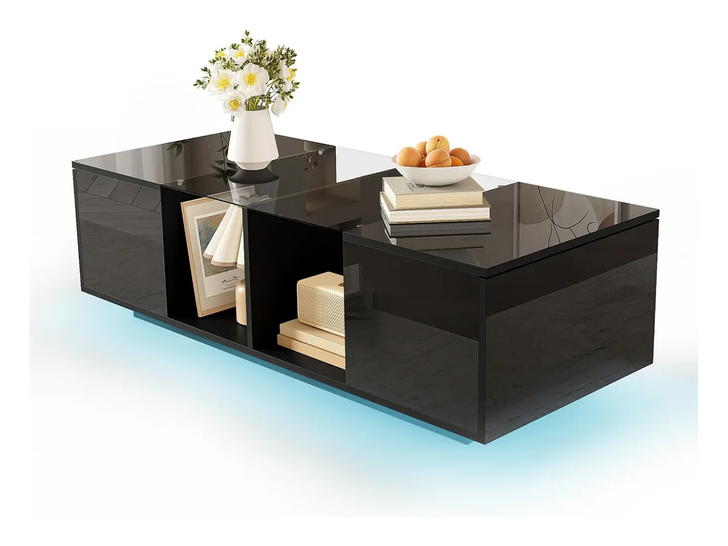 Mesa de centro moderna con 2 puertas y 2 compartimentos - 120 x 50 x 38,5 cm - LED - Cristal, MDF, tablero de partículas - Negro brillante
