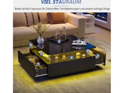 Mesa de centro moderna con 2 cajones y espacio transparente - 70 x 70 x 41 cm - LED - Tablero de partículas - Negro brillante