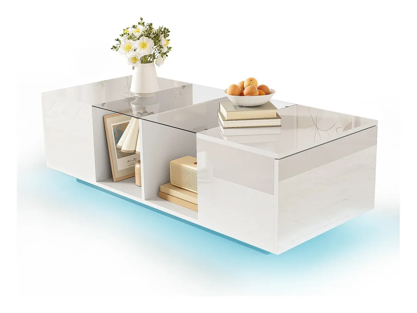 Mesa de centro moderna con 2 puertas y 2 compartimentos - 120 x 50 x 38,5 cm - LED - Cristal, MDF, tablero de partículas - Blanco brillo