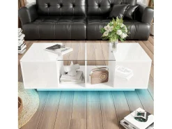 Mesa de centro moderna con 2 puertas y 2 compartimentos - 120 x 50 x 38,5 cm - LED - Cristal, MDF, tablero de partículas - Blanco brillo