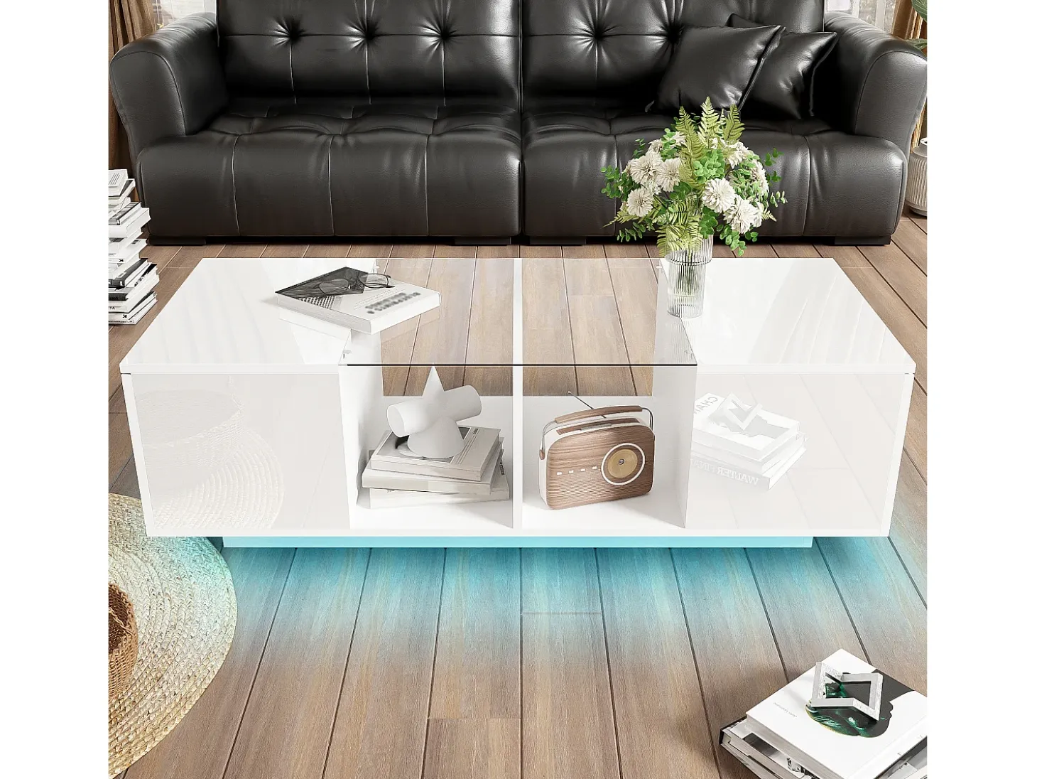 Mesa de centro moderna con 2 puertas y 2 compartimentos - 120 x 50 x 38,5 cm - LED - Cristal, MDF, tablero de partículas - Blanco brillo