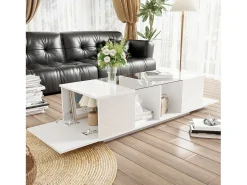 Mesa de centro moderna con 2 puertas y 2 compartimentos - 120 x 50 x 38,5 cm - LED - Cristal, MDF, tablero de partículas - Blanco brillo