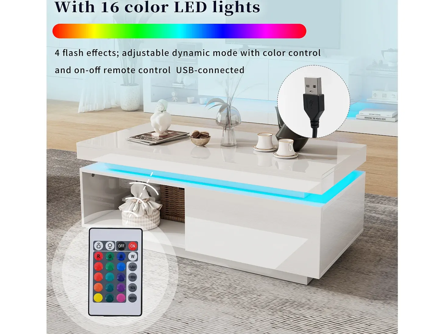 Mesa de centro moderna con iluminación LED, 2 cajones, paneles acrílicos, color blanco (100x50x40,3 cm)