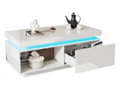 Mesa de centro moderna con iluminación LED, 2 cajones, paneles acrílicos, color blanco (100x50x40,3 cm)