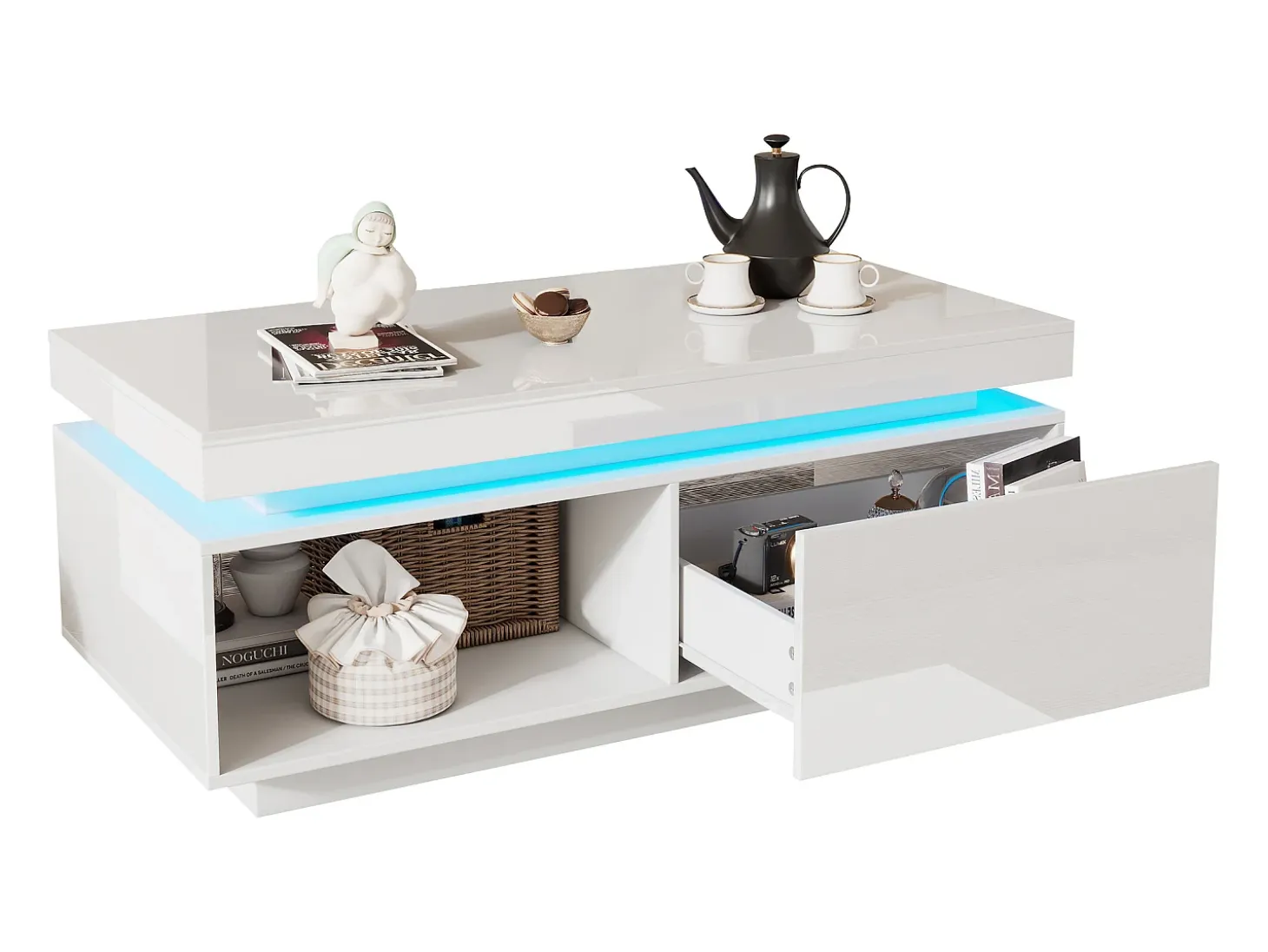 Mesa de centro moderna con iluminación LED, 2 cajones, paneles acrílicos, color blanco (100x50x40,3 cm)