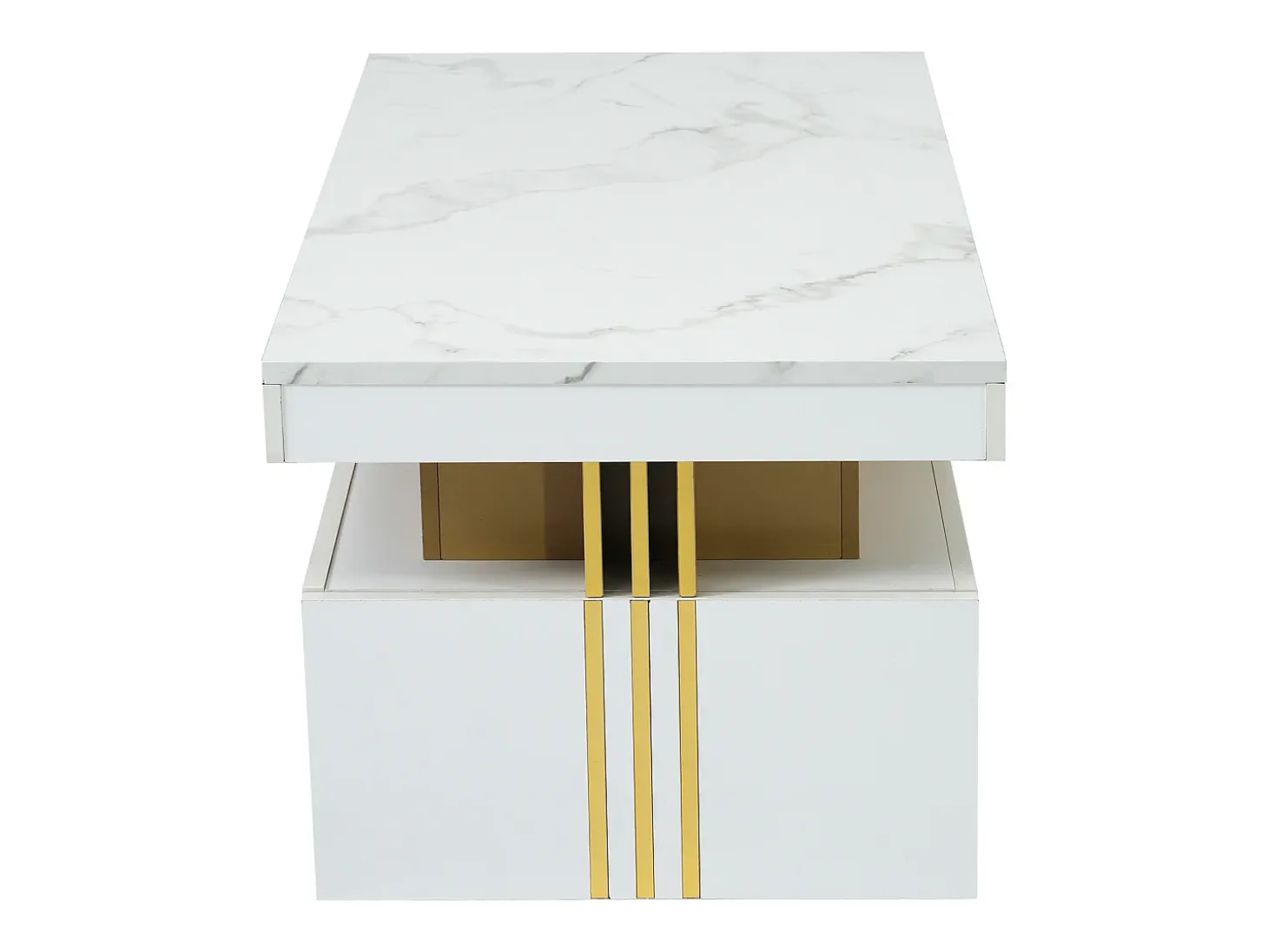 Mesa de centro moderna con 2 cajones en chapa de mármol blanco, cantos laterales de metal dorado.