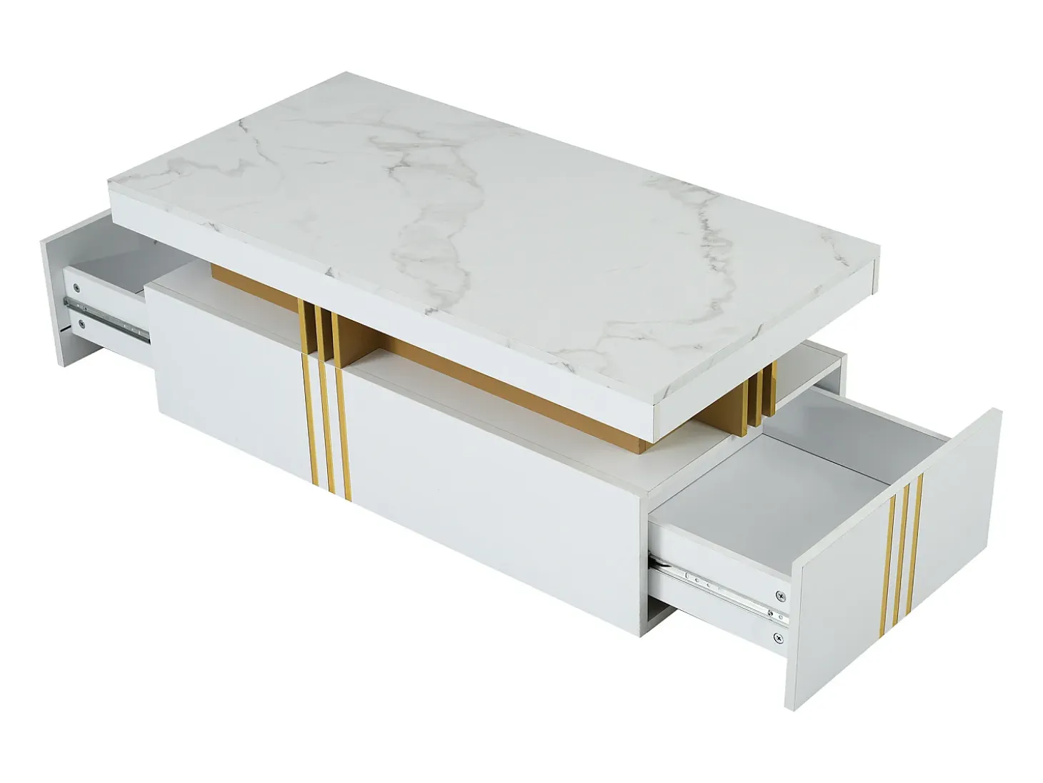 Mesa de centro moderna con 2 cajones en chapa de mármol blanco, cantos laterales de metal dorado.