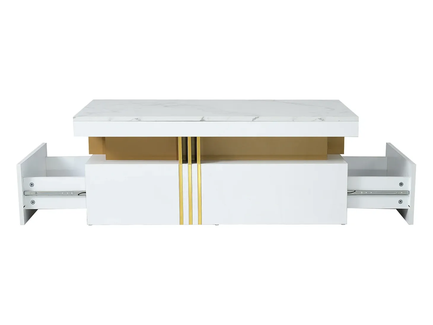 Mesa de centro moderna con 2 cajones en chapa de mármol blanco, cantos laterales de metal dorado.