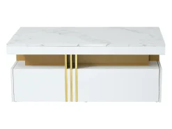 Mesa de centro moderna con 2 cajones en chapa de mármol blanco, cantos laterales de metal dorado.