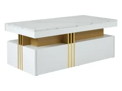Mesa de centro moderna con 2 cajones en chapa de mármol blanco, cantos laterales de metal dorado.