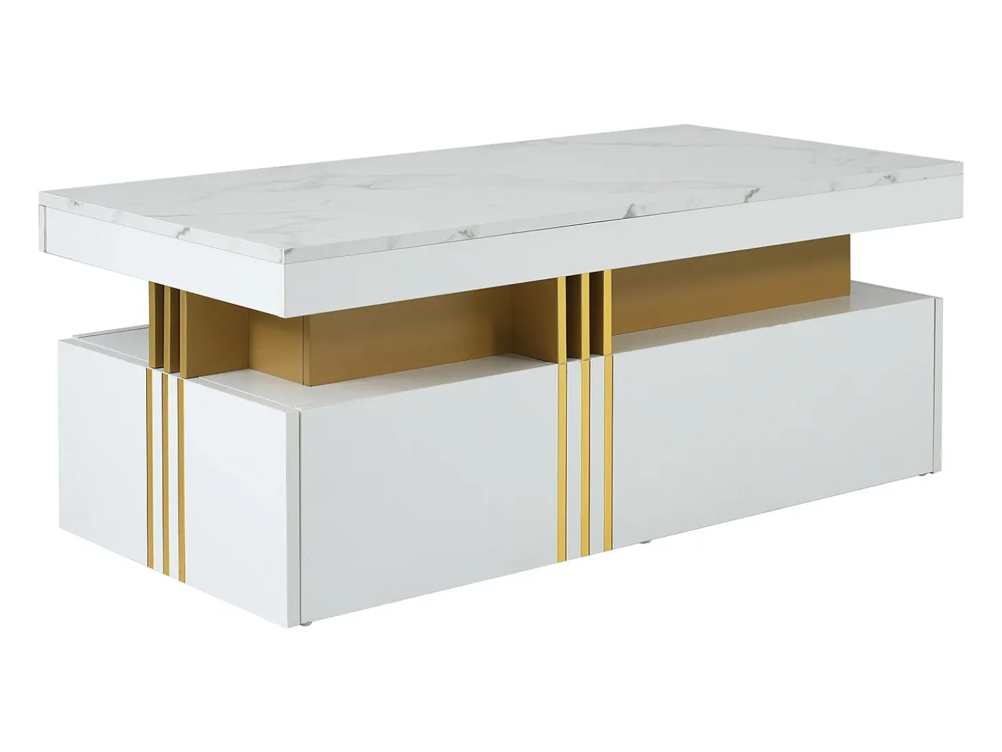 Mesa de centro moderna con 2 cajones en chapa de mármol blanco, cantos laterales de metal dorado.
