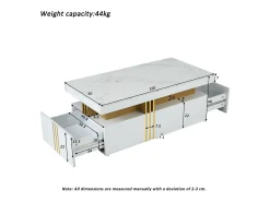 Mesa de centro moderna con 2 cajones en chapa de mármol blanco, cantos laterales de metal dorado.