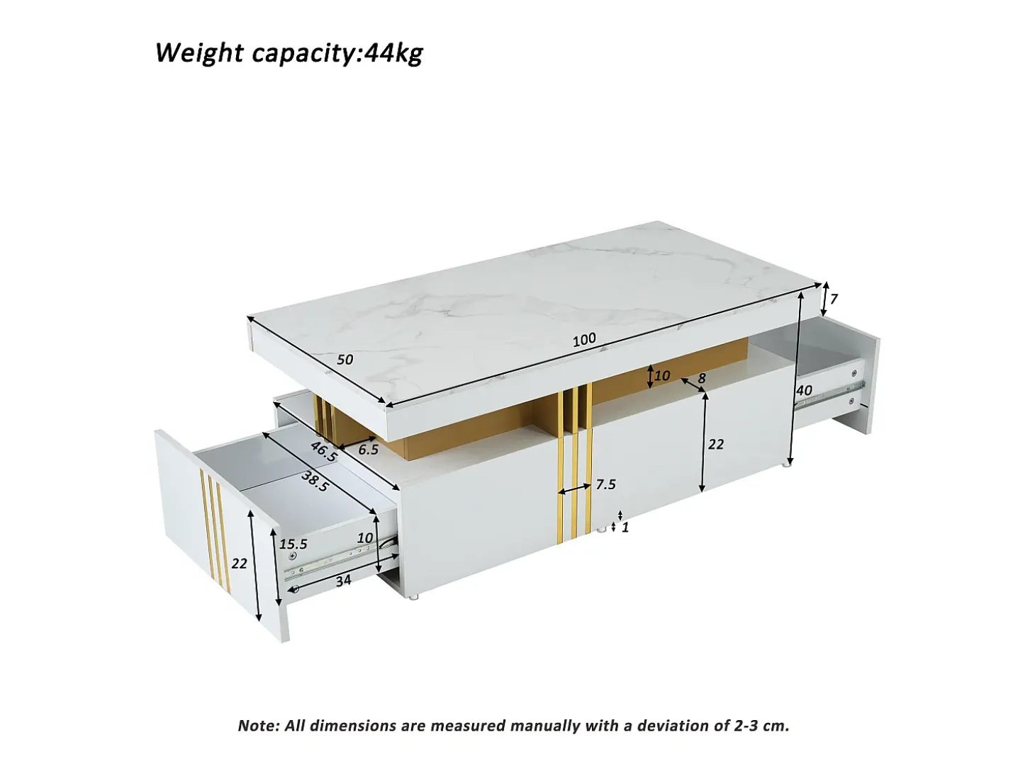 Mesa de centro moderna con 2 cajones en chapa de mármol blanco, cantos laterales de metal dorado.
