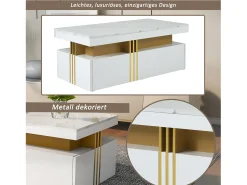 Mesa de centro moderna con 2 cajones en chapa de mármol blanco, cantos laterales de metal dorado.