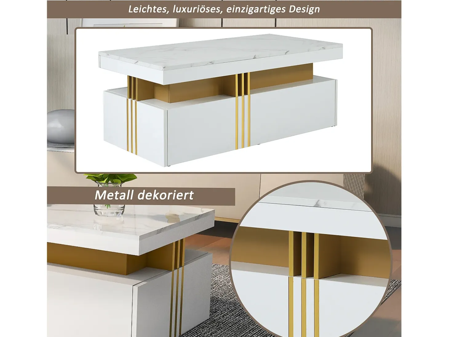 Mesa de centro moderna con 2 cajones en chapa de mármol blanco, cantos laterales de metal dorado.