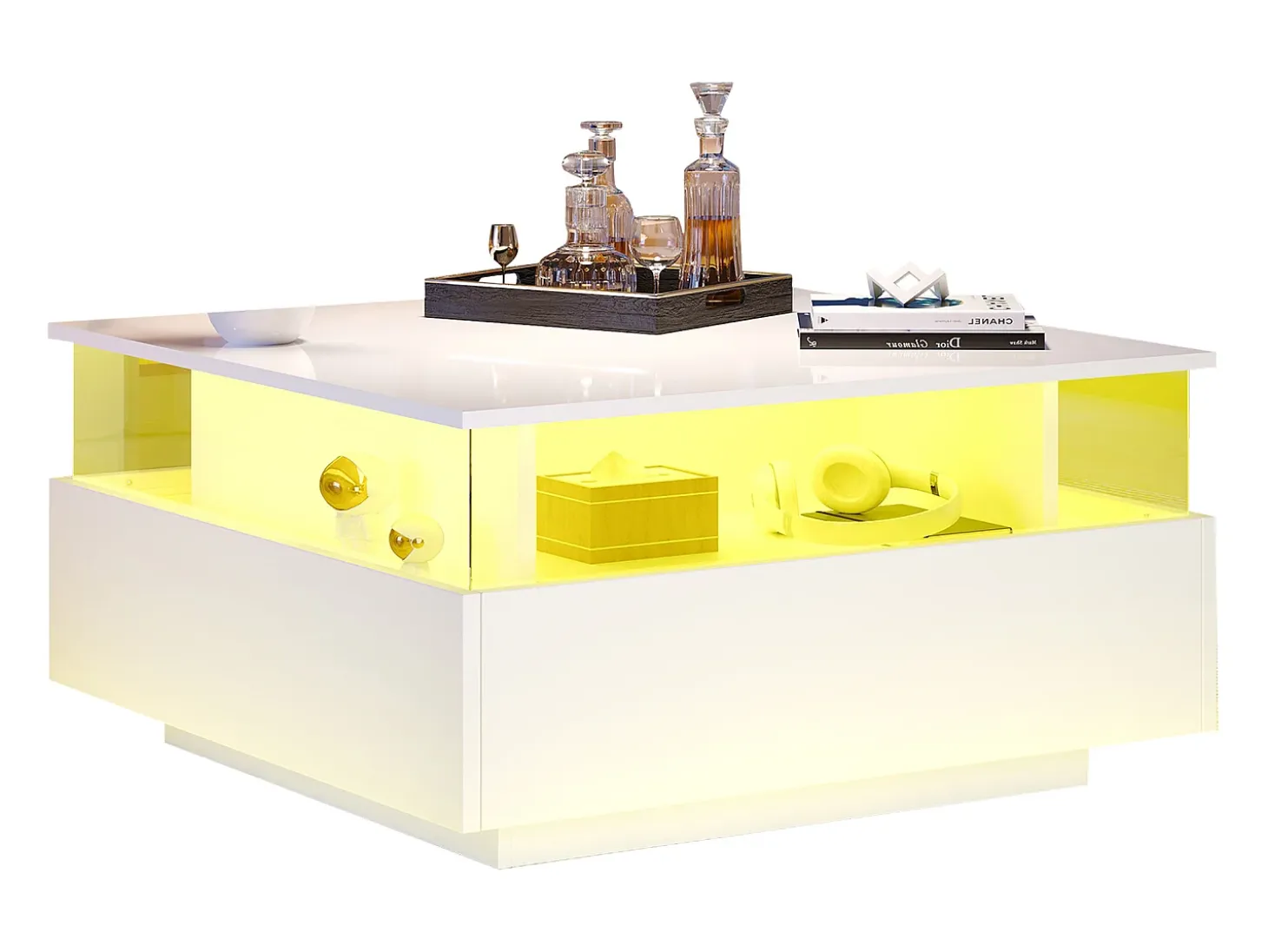 Mesa de centro moderna con 2 cajones y espacio transparente - 70 x 70 x 41 cm - LED - Tablero de partículas - Blanco brillante
