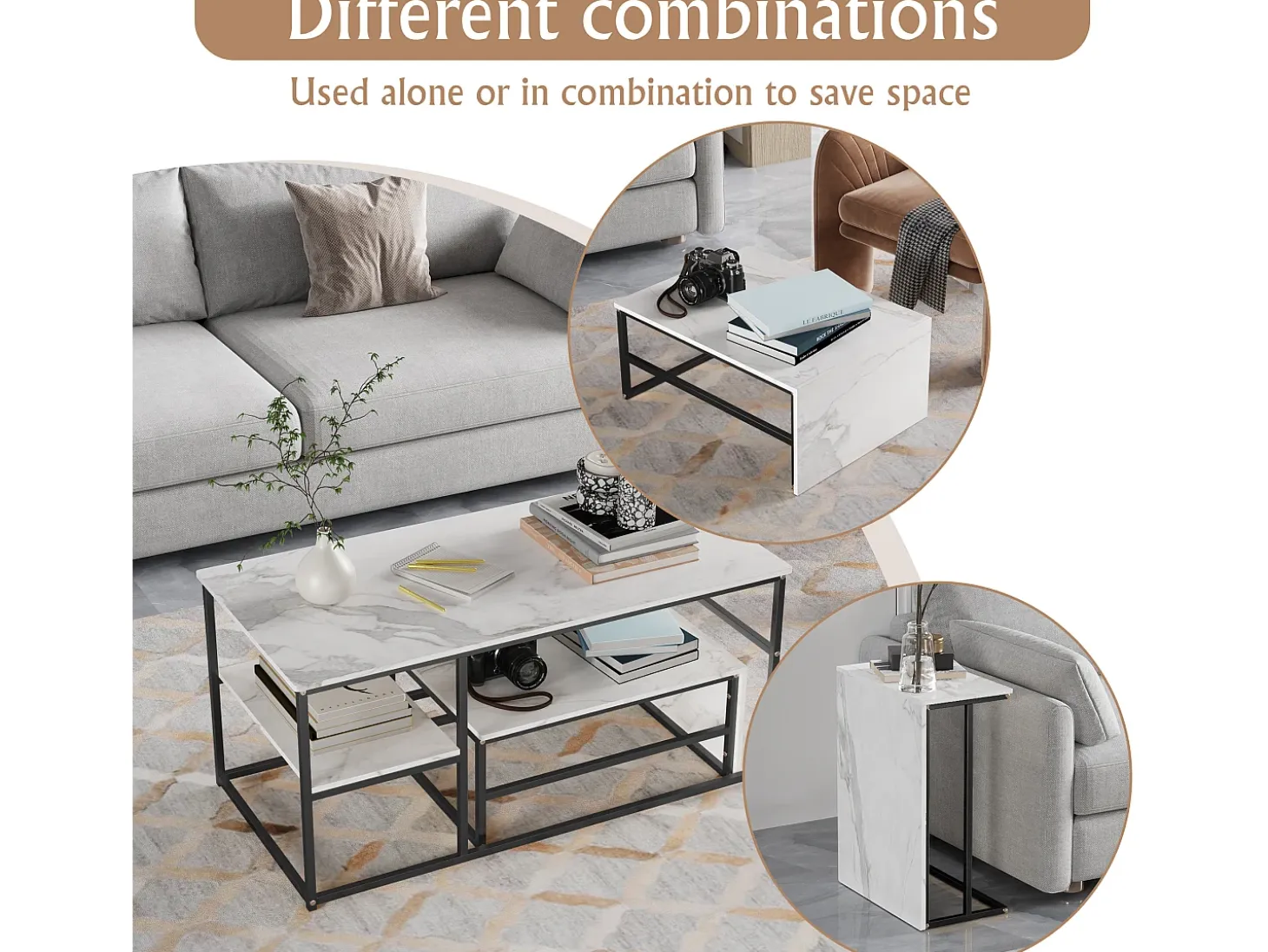 Mesa de centro moderna con almacenamiento de doble capa: diseño anticolisión con esquinas redondeadas, tablero grande de 105 cm con estantes abiertos.