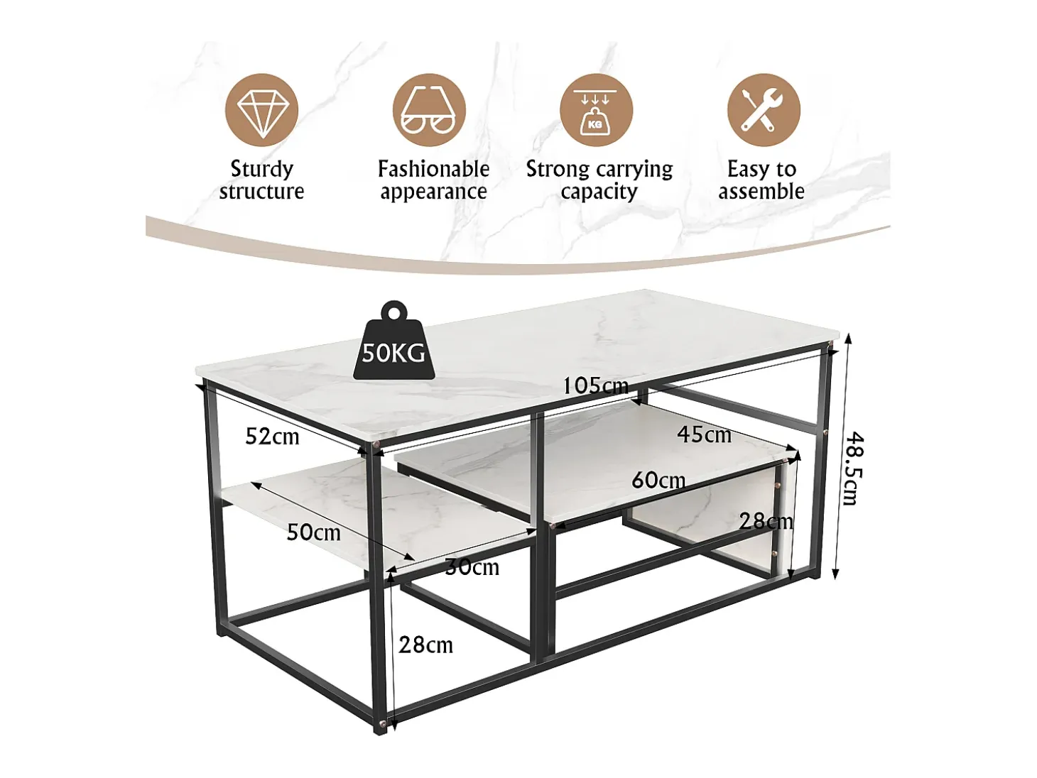 Mesa de centro moderna con almacenamiento de doble capa: diseño anticolisión con esquinas redondeadas, tablero grande de 105 cm con estantes abiertos.