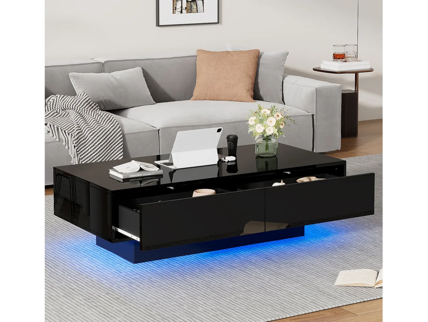 Mesa de centro moderna lacada de alto brillo con iluminación LED y 2 cajones - Negro