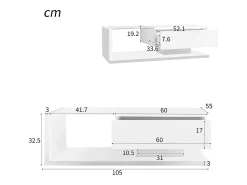 Mesa de centro moderna LED de cristal blanco y madera con cajón grande para salón, 105 x 55 x 32,5 cm