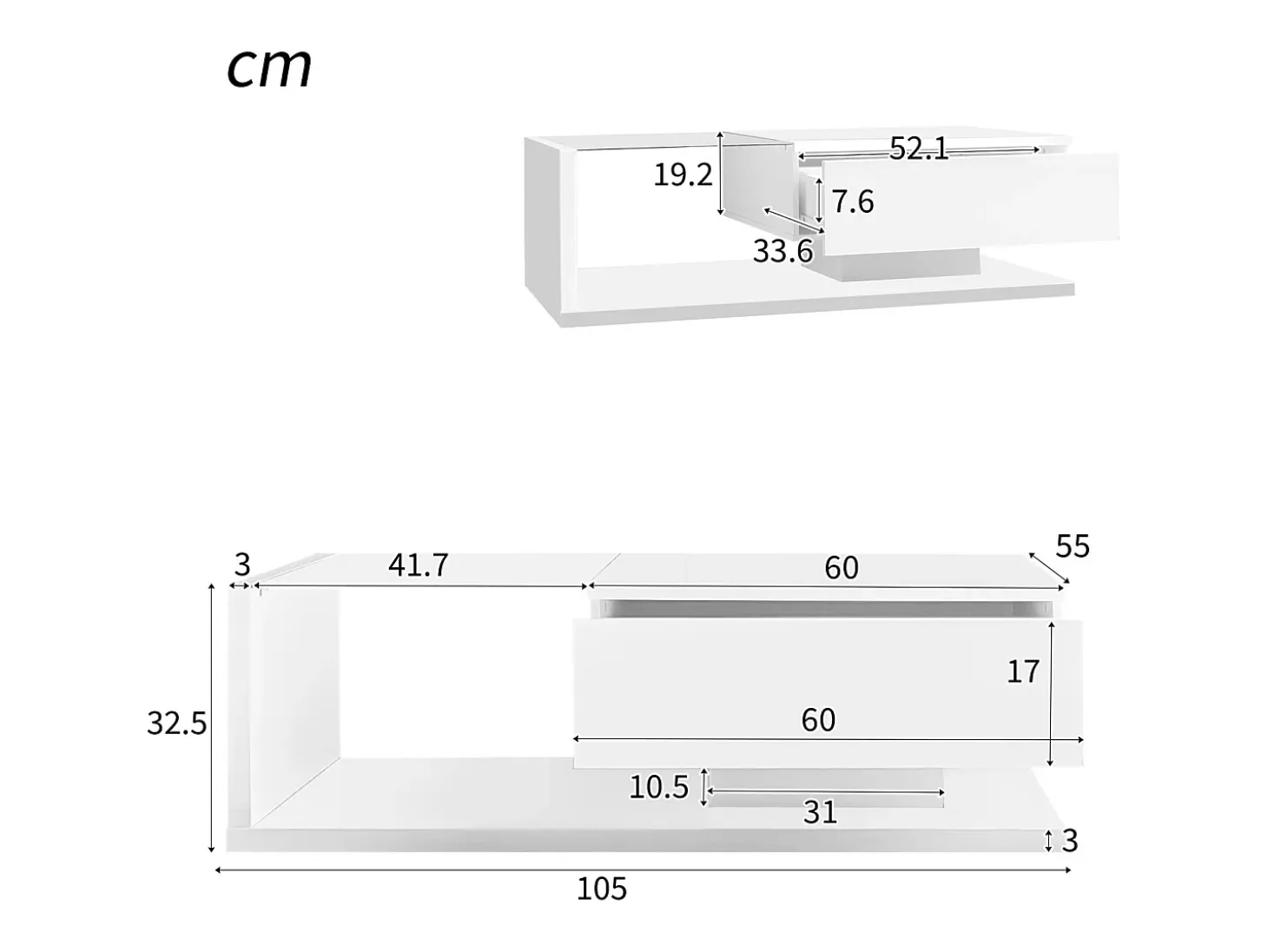 Mesa de centro moderna LED de cristal blanco y madera con cajón grande para salón, 105 x 55 x 32,5 cm