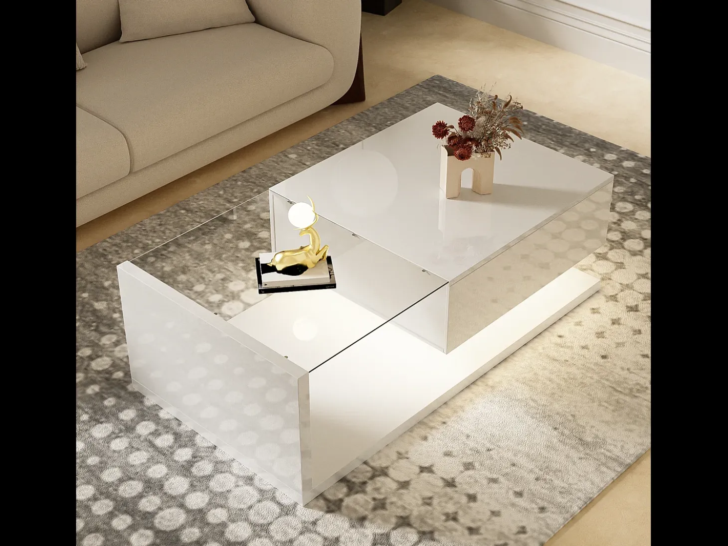 Mesa de centro moderna LED de cristal blanco y madera con cajón grande para salón, 105 x 55 x 32,5 cm
