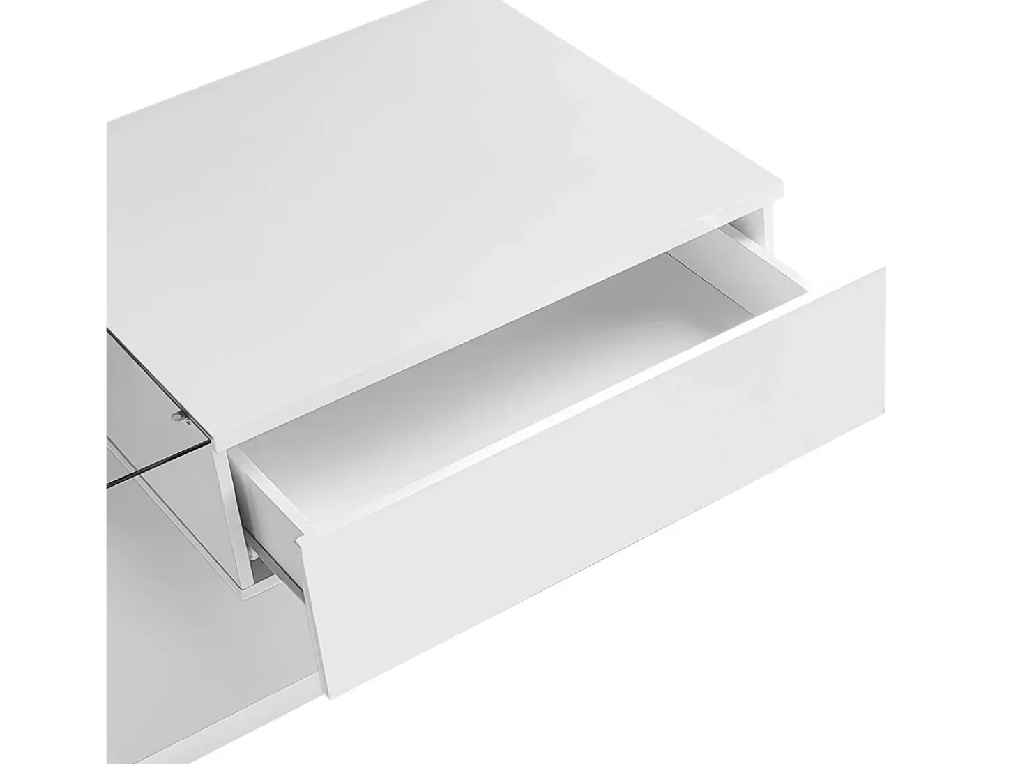 Mesa de centro moderna LED de cristal blanco y madera con cajón grande para salón, 105 x 55 x 32,5 cm