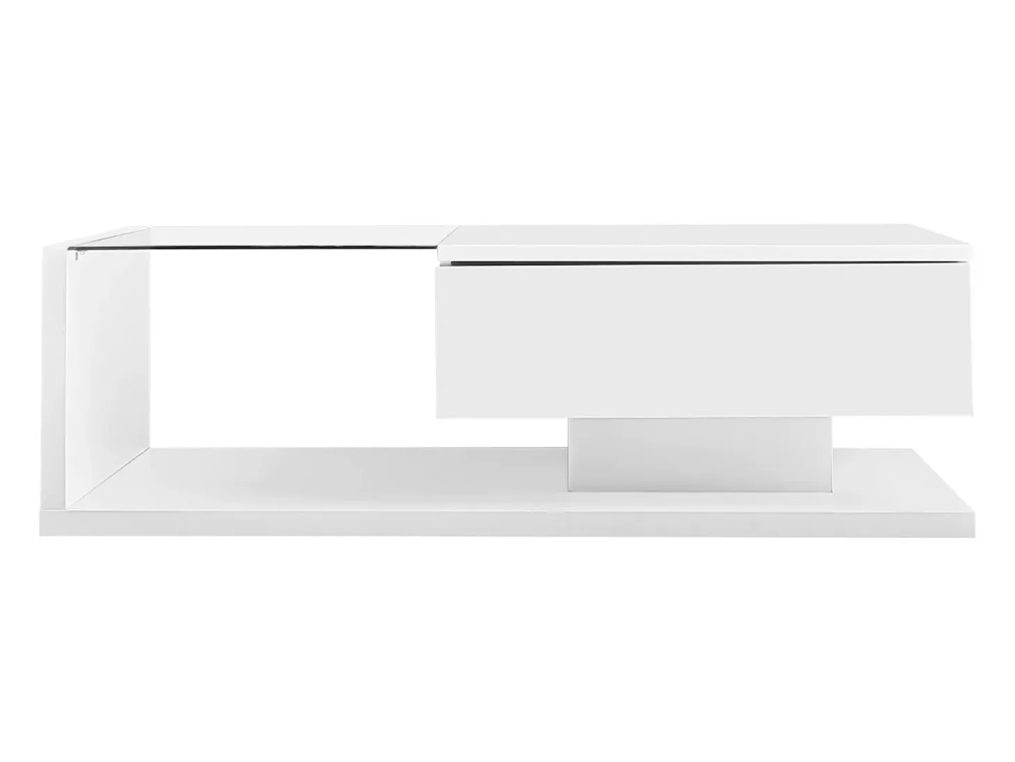 Mesa de centro moderna LED de cristal blanco y madera con cajón grande para salón, 105 x 55 x 32,5 cm
