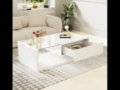 Mesa de centro moderna LED de cristal blanco y madera con cajón grande para salón, 105 x 55 x 32,5 cm