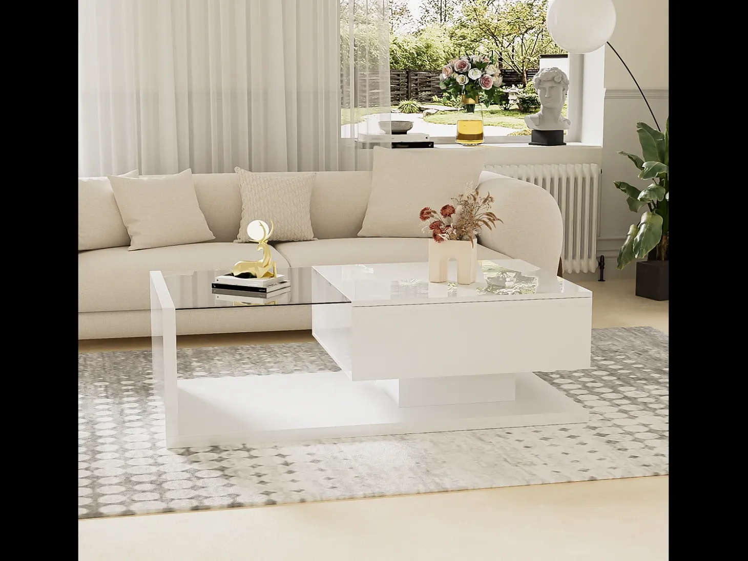 Mesa de centro moderna LED de cristal blanco y madera con cajón grande para salón, 105 x 55 x 32,5 cm