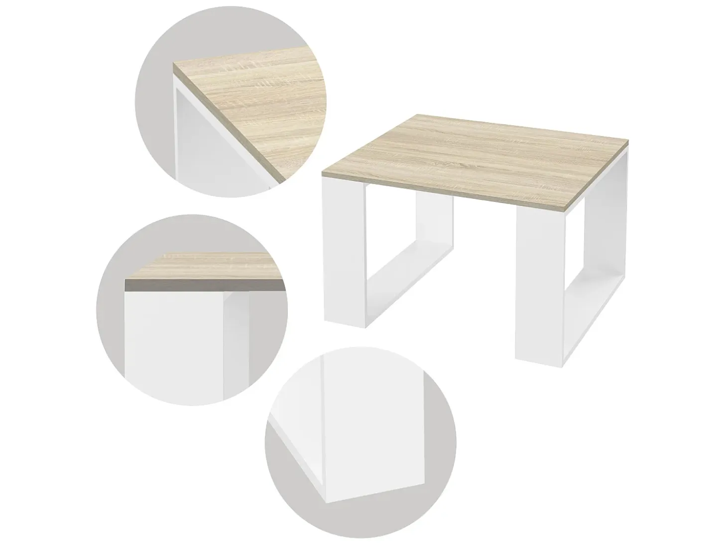 Mesa de centro moderna MDF madera de roble con patas de metal blancas 65 x 40 cm