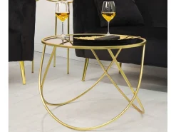 Mesa de centro moderna redonda 60cm metal dorado y cristal negro Ring