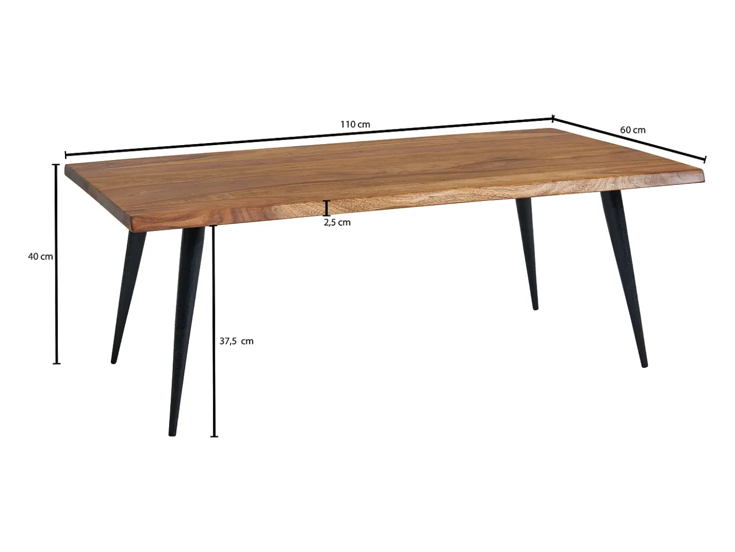 Mesa de Centro Moderna 110x60x40 cm Madera Maciza de Sheesham y Metal | Mesa Auxiliar para Salón Rectangular | Mesita Café con Borde de Árbol Grande para Sofá