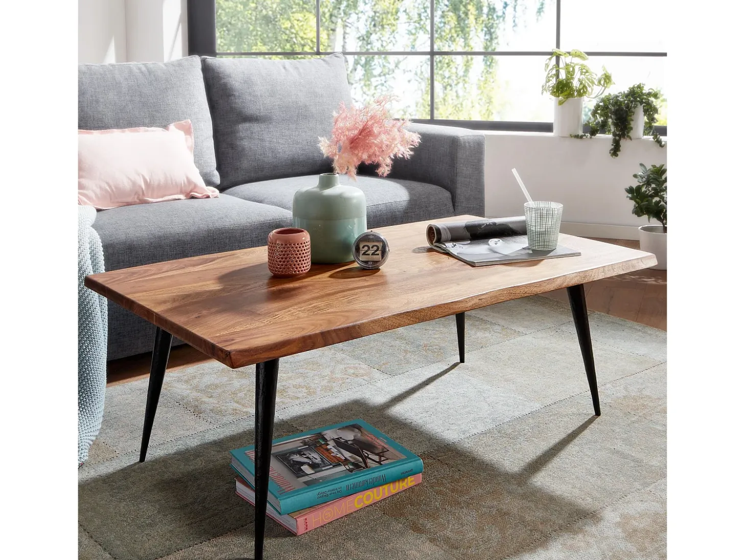 Mesa de Centro Moderna 110x60x40 cm Madera Maciza de Sheesham y Metal | Mesa Auxiliar para Salón Rectangular | Mesita Café con Borde de Árbol Grande para Sofá