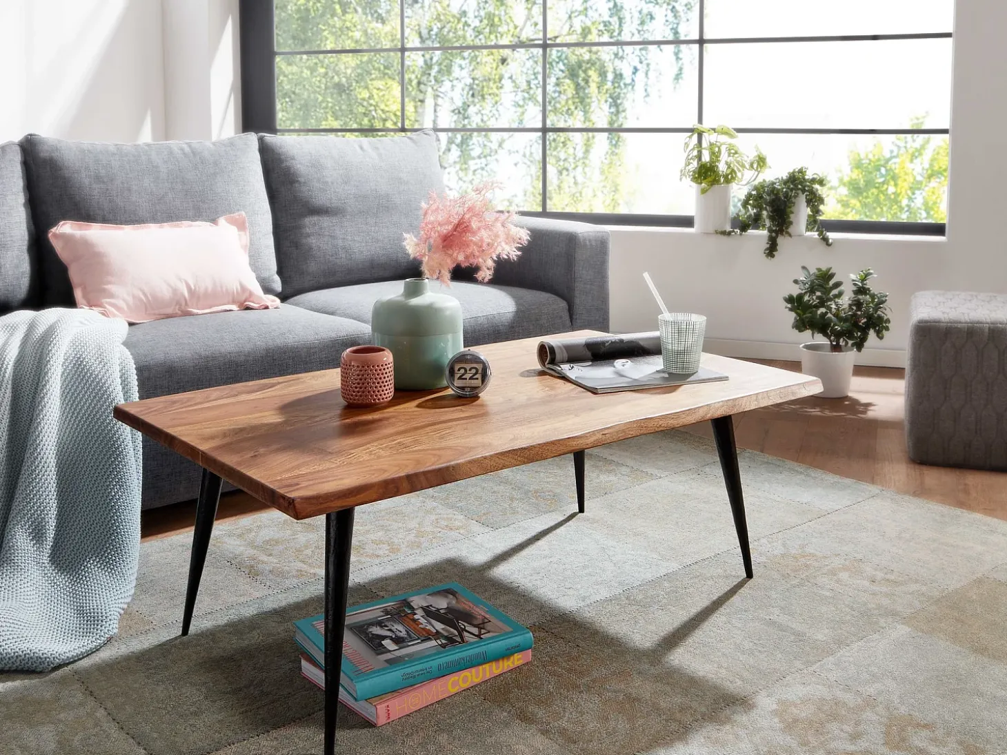Mesa de Centro Moderna 110x60x40 cm Madera Maciza de Sheesham y Metal | Mesa Auxiliar para Salón Rectangular | Mesita Café con Borde de Árbol Grande para Sofá