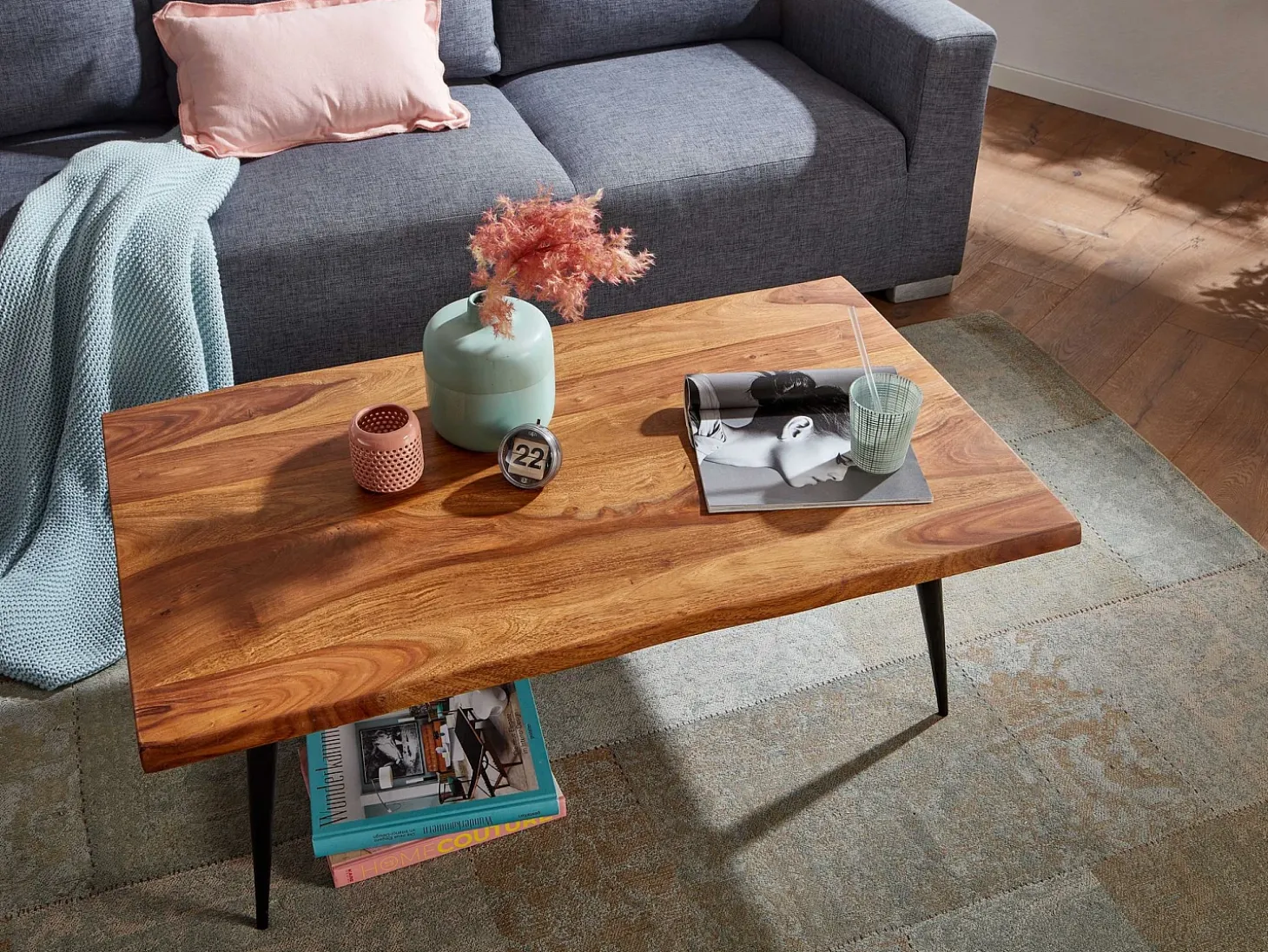 Mesa de Centro Moderna 110x60x40 cm Madera Maciza de Sheesham y Metal | Mesa Auxiliar para Salón Rectangular | Mesita Café con Borde de Árbol Grande para Sofá
