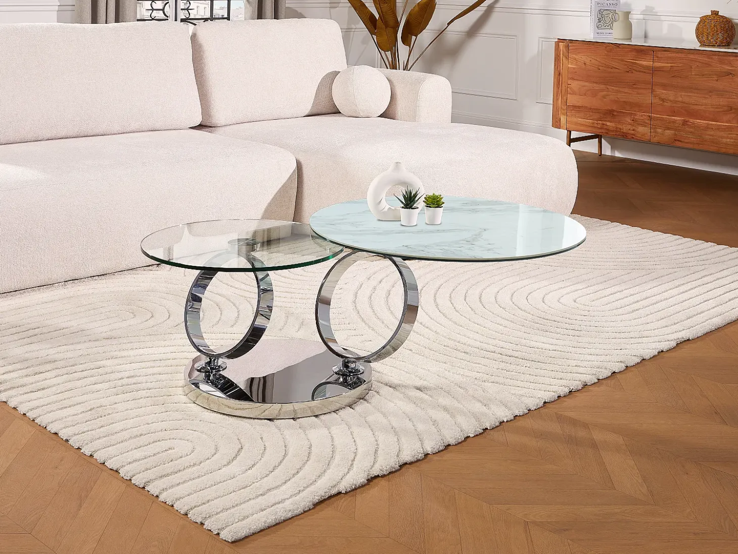 Mesa de centro modular de vidrio templado, cerámica y metal - Efecto mármol blanco - JOLINE