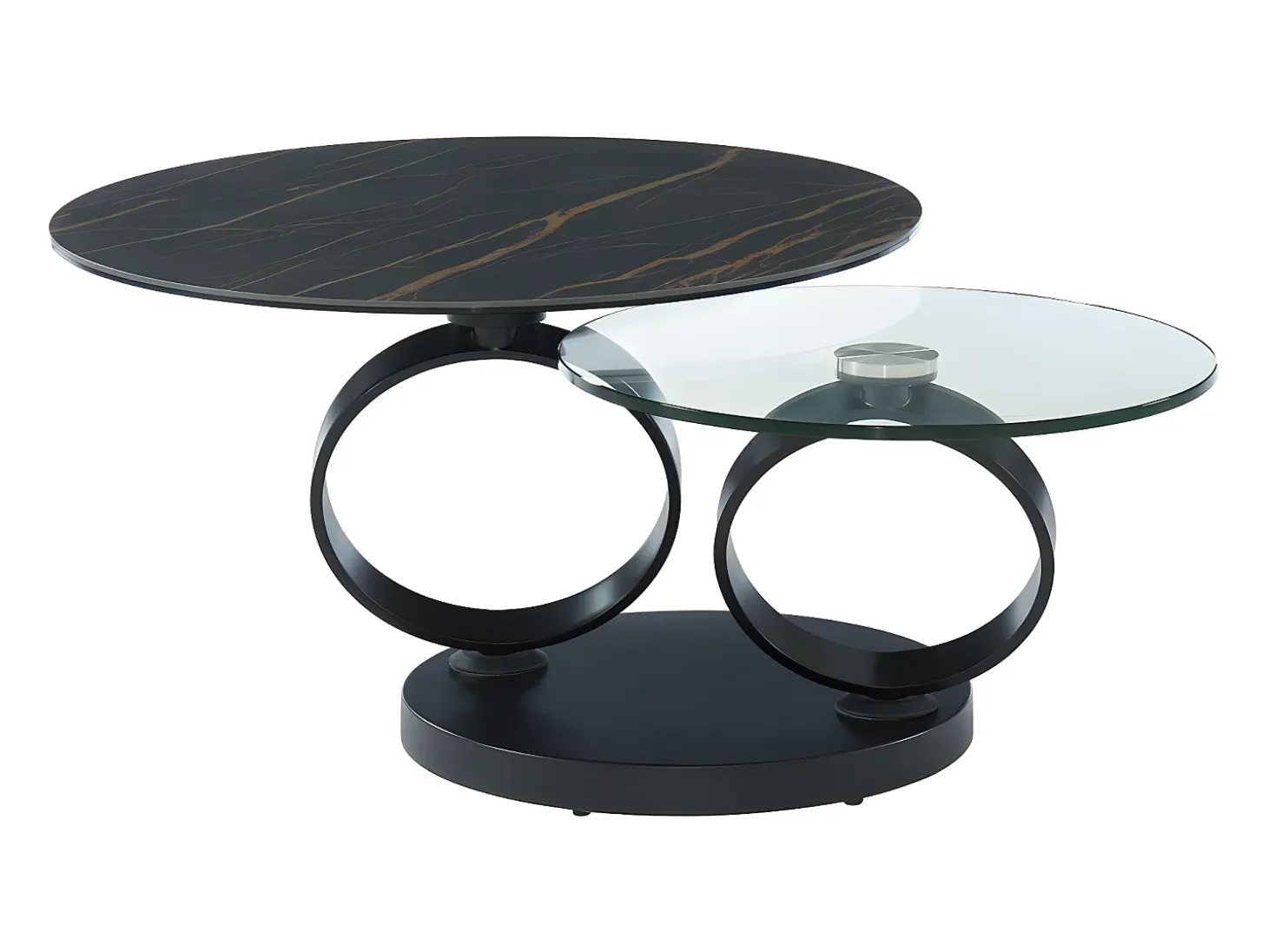 Mesa de centro modular de vidrio templado, cerámica y metal - Efecto mármol negro - JOLINE