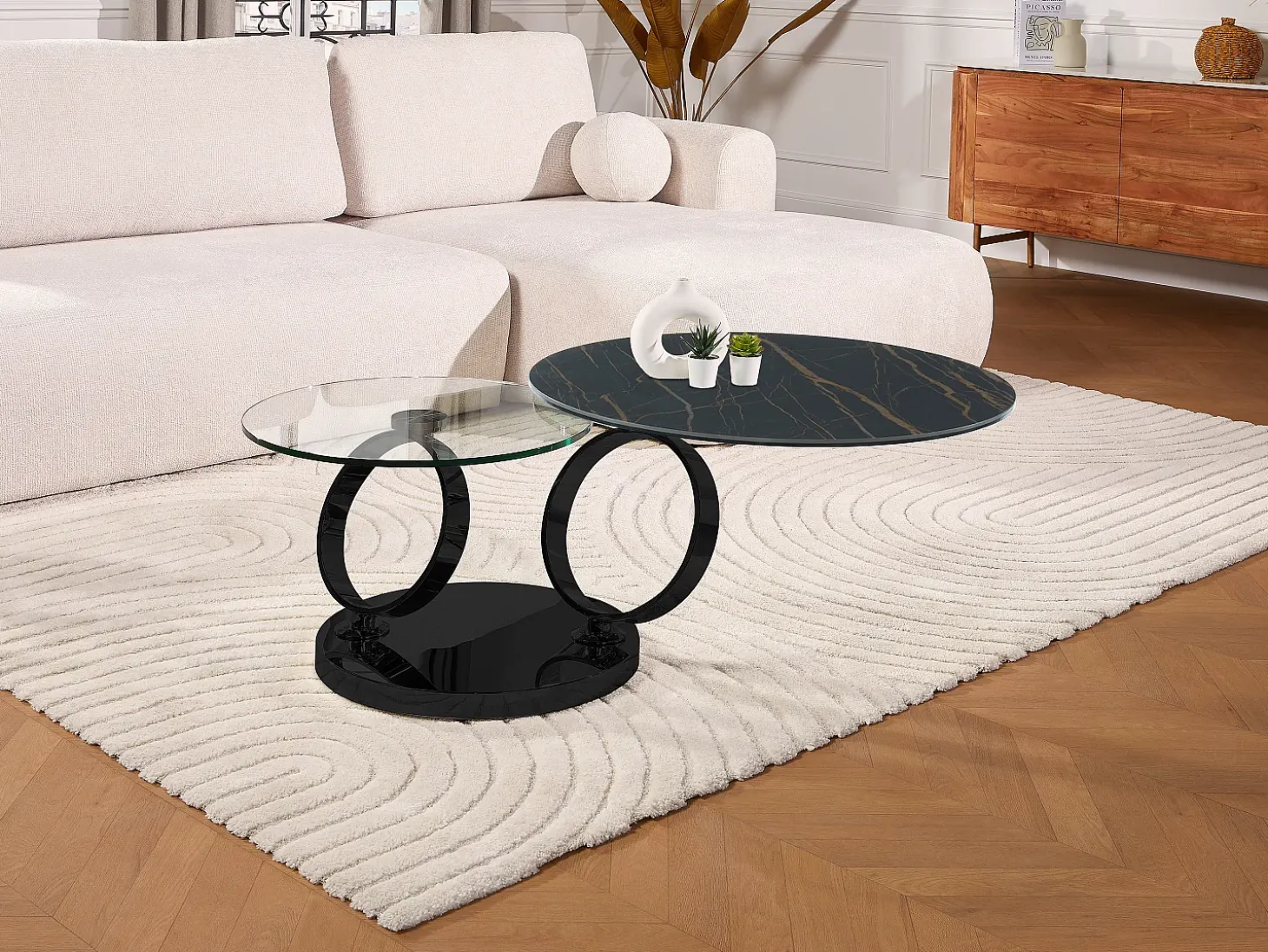 Mesa de centro modular de vidrio templado, cerámica y metal - Efecto mármol negro - JOLINE