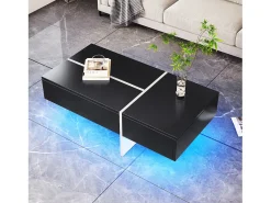 Mesa de centro negra brillante, mesa de salón, tablero de mármol con LED, 100 x 50 x 34,5 cm