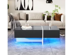 Mesa de centro negra brillante, mesa de salón, tablero de mármol con LED, 100 x 50 x 34,5 cm