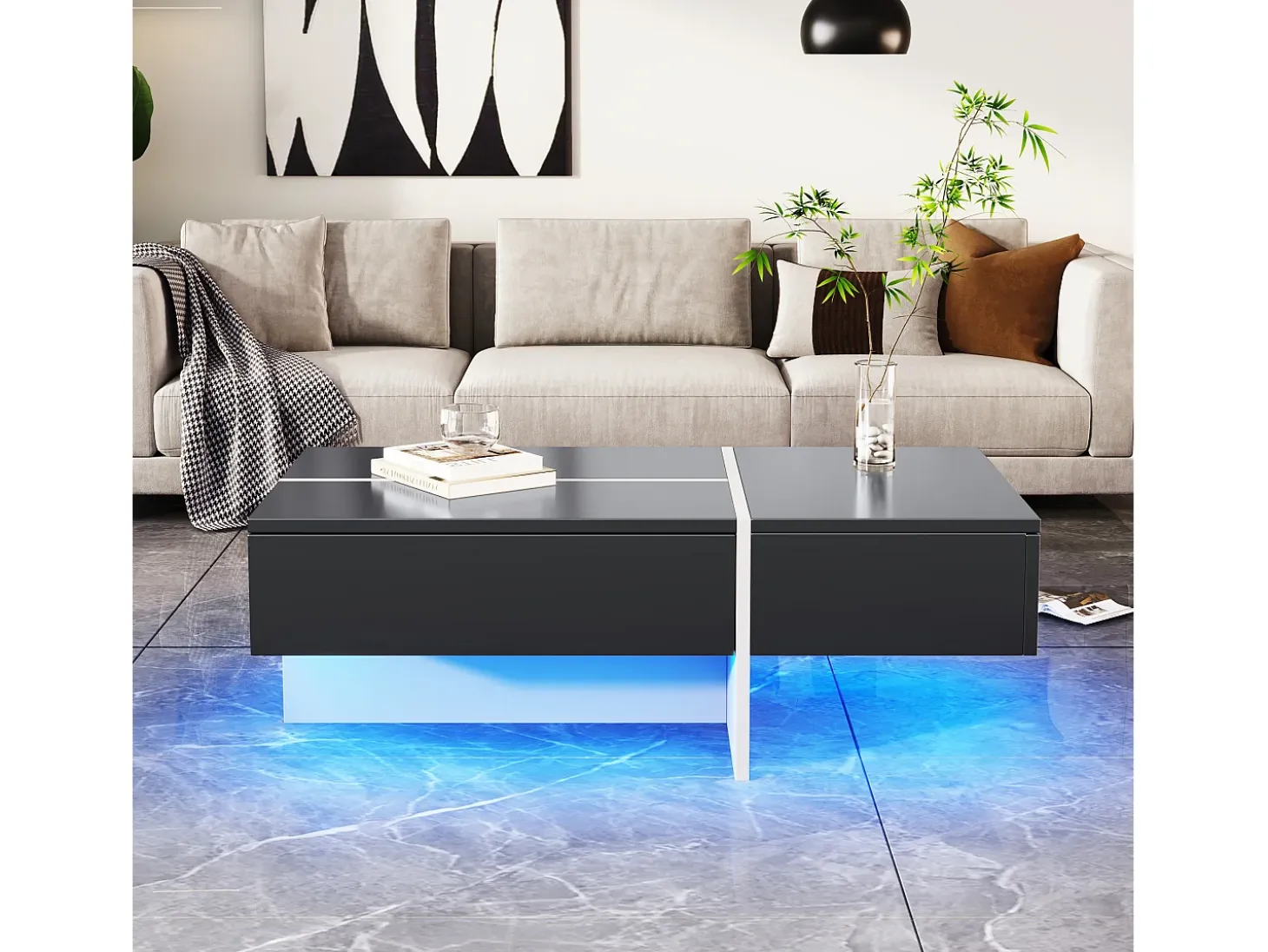 Mesa de centro negra brillante, mesa de salón, tablero de mármol con LED, 100 x 50 x 34,5 cm