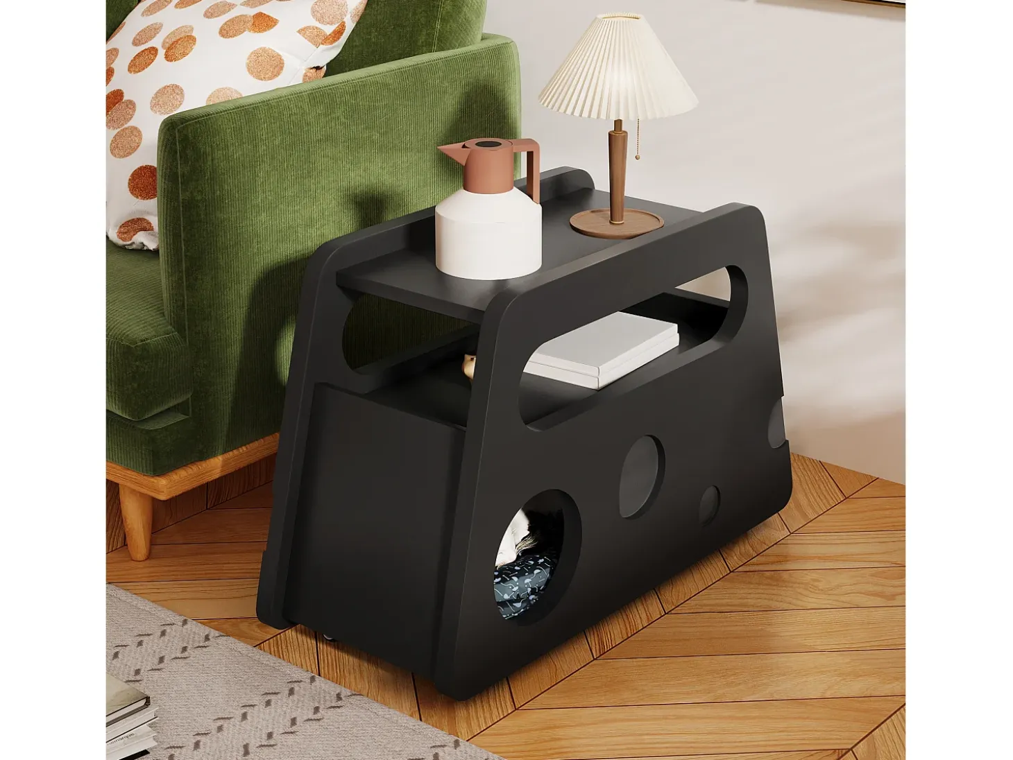 Mesa de centro negra con ruedas y almacenaje, diseño redondo 81x33x51,5cm