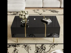 Mesa de centro negra con 2 cajones de almacenamiento y patas doradas - para salón y oficina