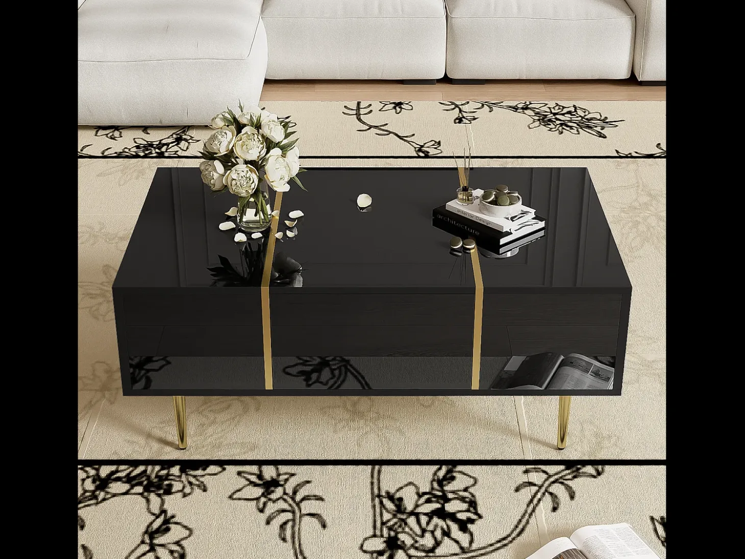 Mesa de centro negra con 2 cajones de almacenamiento y patas doradas - para salón y oficina
